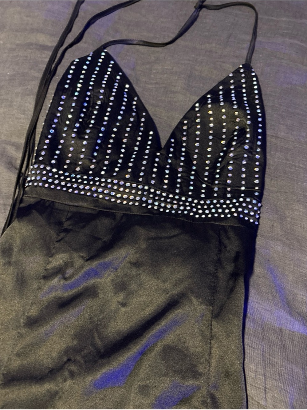 Windsor Black Satin Slip with Crystal Studded Bralette